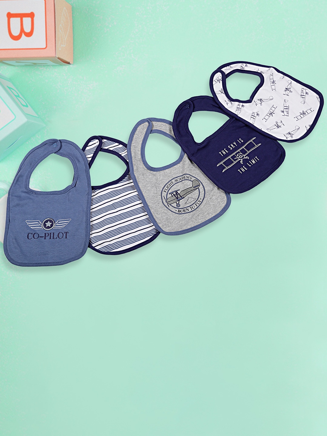 

Baby Moo Infant Kids Pack Of 5 Printed Pure Cotton Bibs, Blue