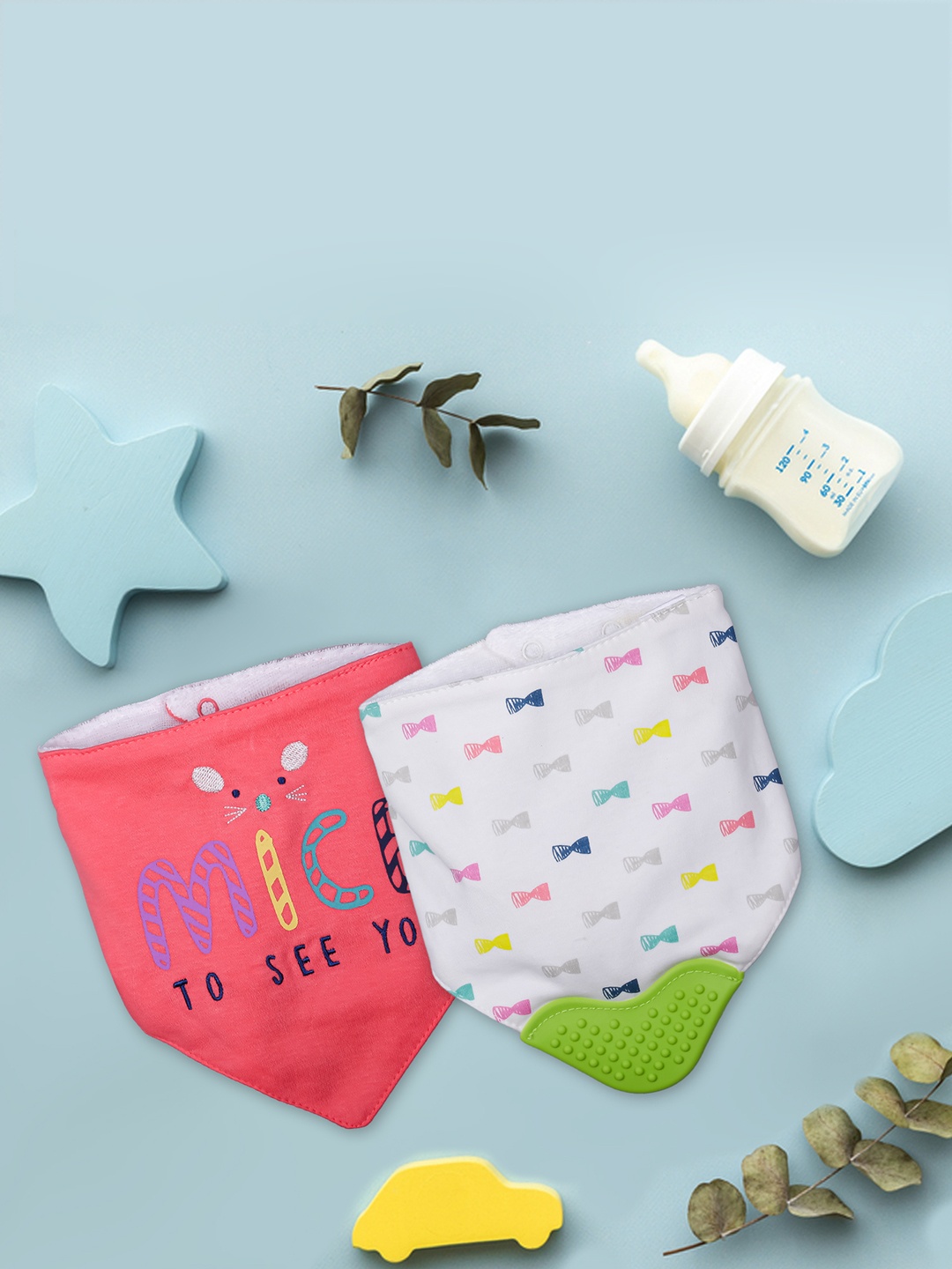 

Baby Moo Infant Kids Pack Of 2 Printed Feeding Bandana Bibs, Red