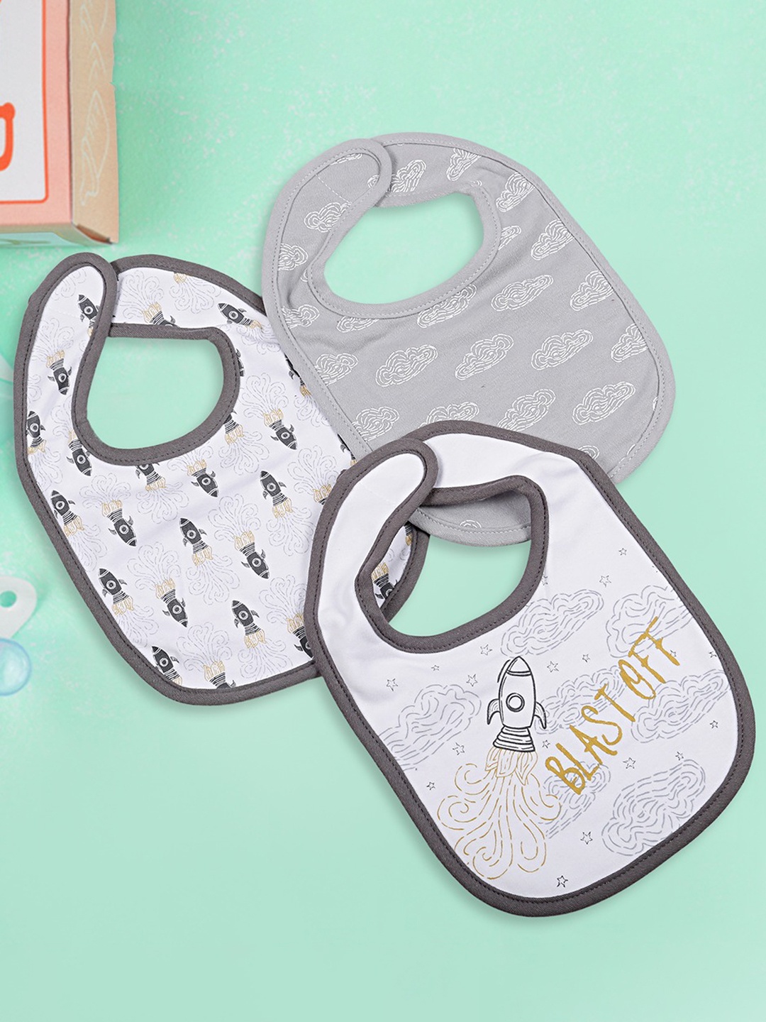 

Baby Moo Infant Pack Of 3 Printed Pure Cotton Bibs, Grey