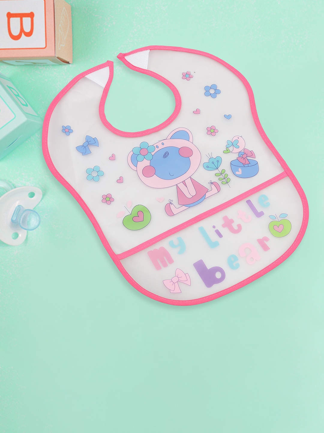 

Baby Moo Infant Kids White & Pink Printed Crumb Catcher Waterproof Feeding Bib