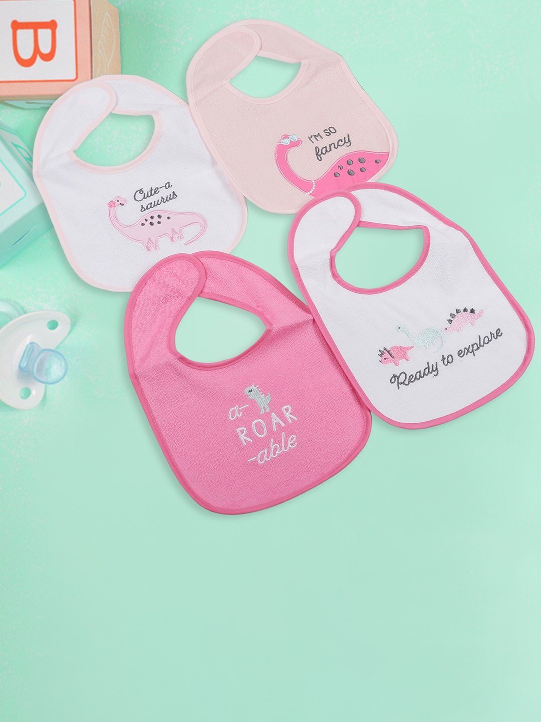 

Baby Moo Infant Kids Pack Of 4 Bibs White & Pink Printed Feeding Bibs