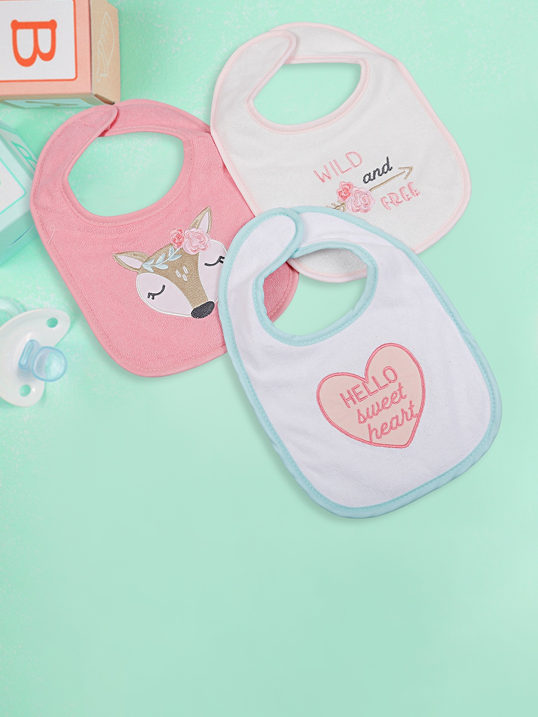 

Baby Moo Infant Girls Pack Of 3 Printed Pure Cotton Bibs, White