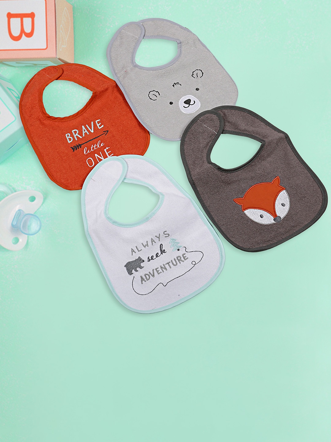 

Baby Moo Infant Kids Pack Of 4 Printed Bibs, Grey