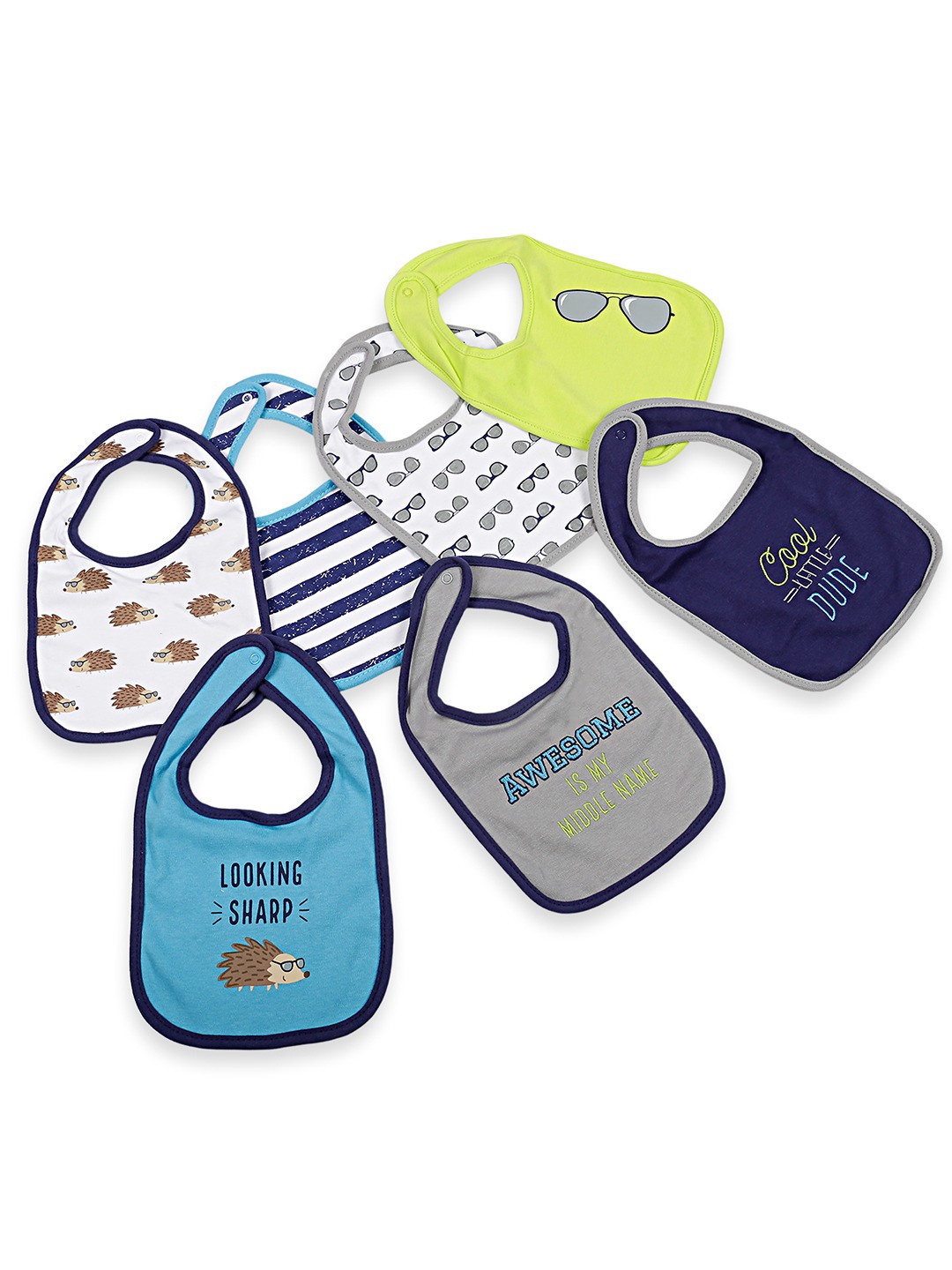 

Baby Moo Infants Pack Of 7 Printed Pure Cotton Bibs, Blue