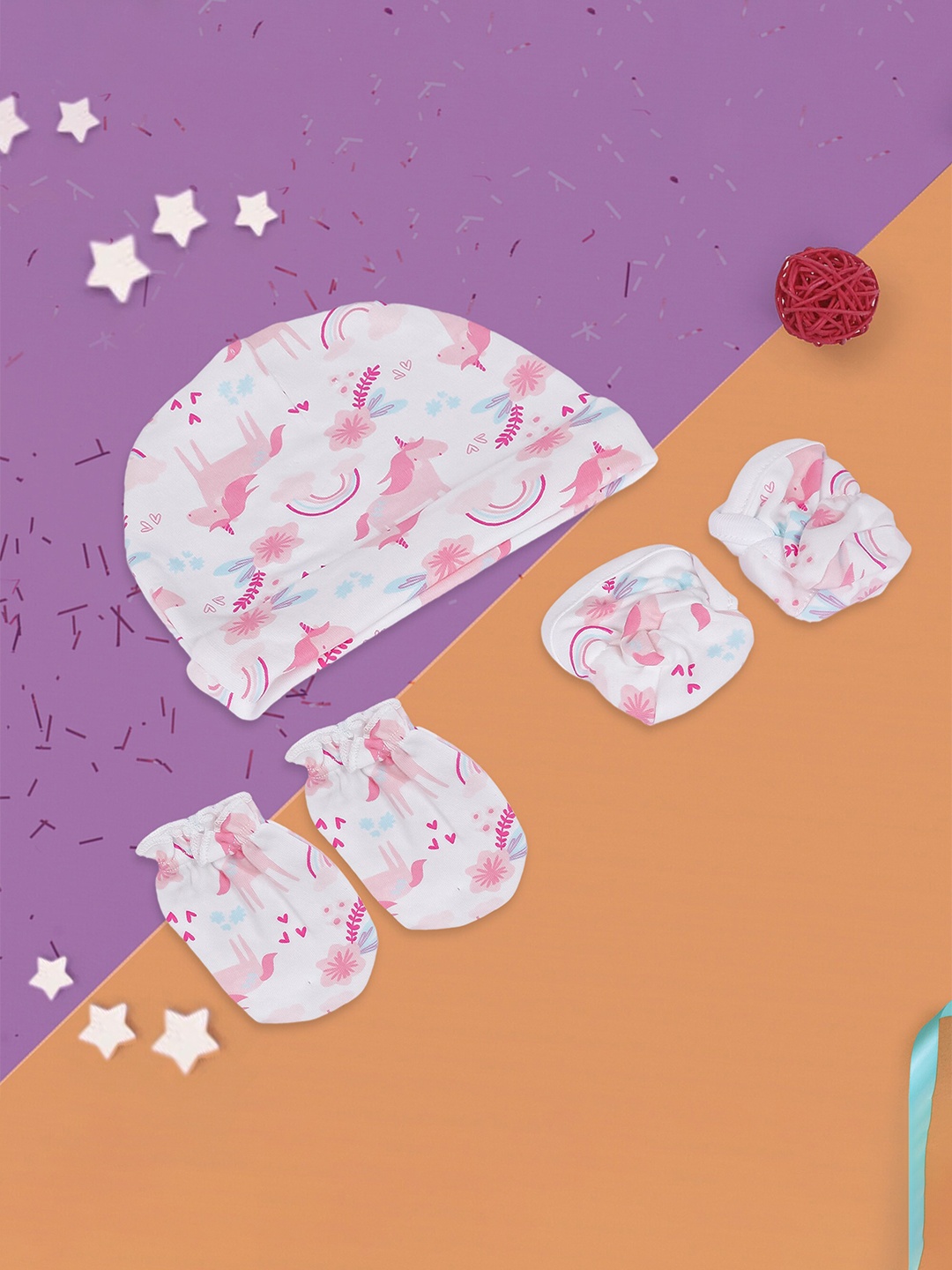 

Baby Moo Unisex Kids Cotton White & Pink Unicorn Printed Cap Mittens And Booties Gift Set