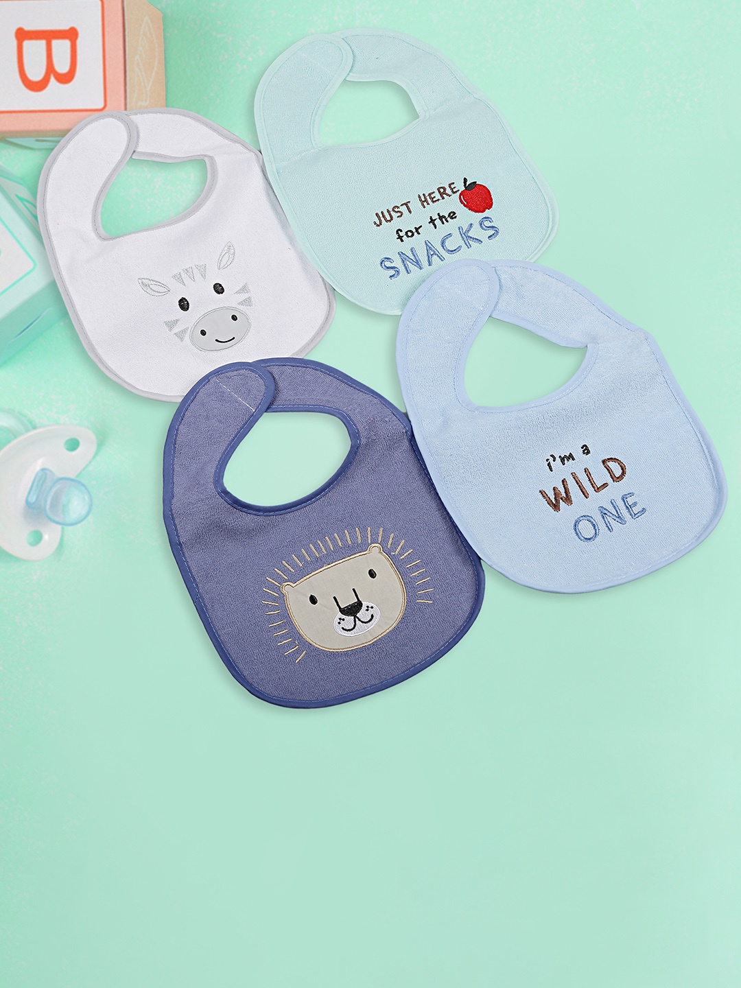 

Baby Moo Infant Kids Pack Of 4 Embroidered Bibs, Blue