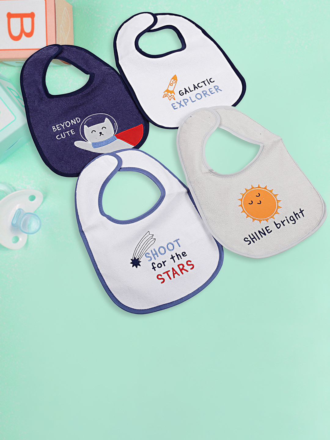

Baby Moo Infant Kids Pack Of 4 Printed Mess-Free Feeding Bibs, Grey