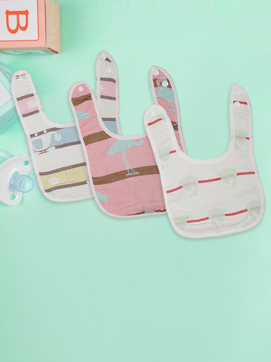 

Baby Moo Infant Kids Pack Of 3 Printed Pure Cotton Bibs, White