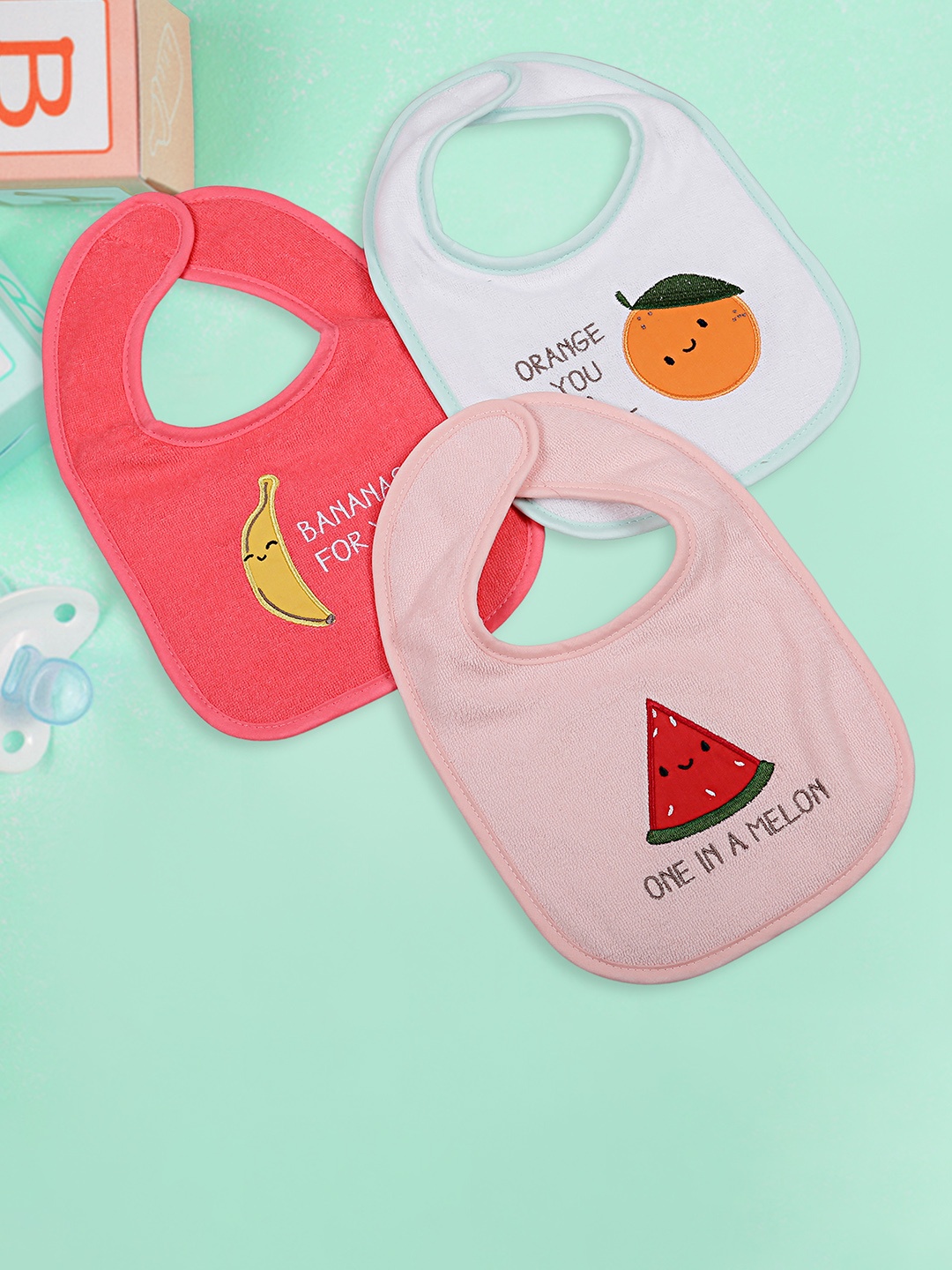 

Baby Moo Infant Kids Pack Of 3 Printed Pure Cotton Bibs, Blue
