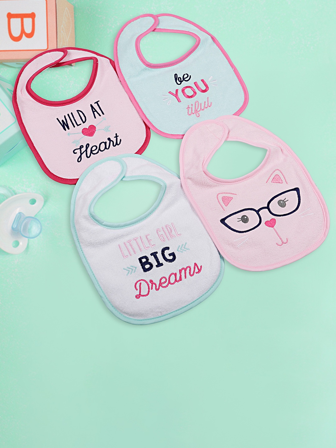 

Baby Moo Infant Kids Pack Of 4 Printed Mess-Free Pure Cotton Bibs, Pink