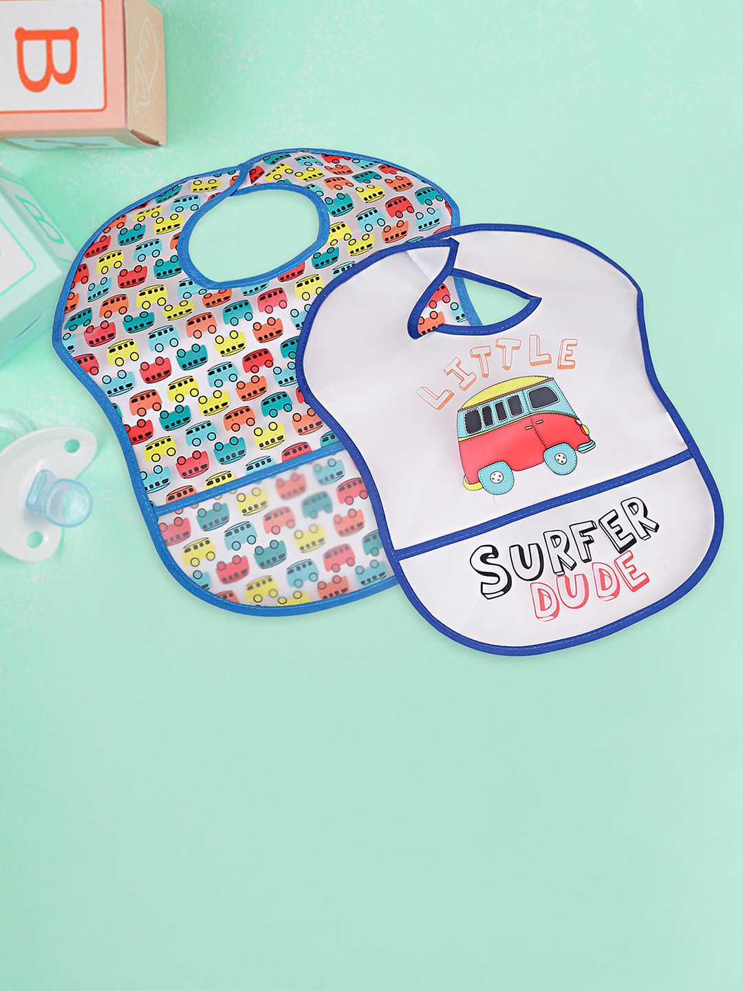 

Baby Moo Infant Kids Pack Of 2 Mess-Free Printed Bibs, Blue