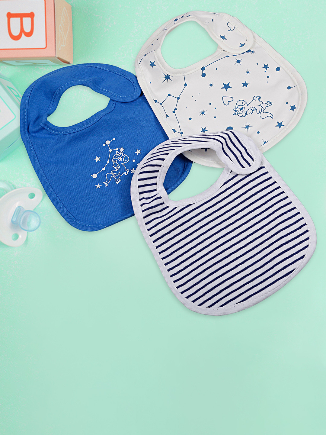 

Baby Moo Infant Kids Pack Of 3 Printed Mess-Free Bibs, Blue