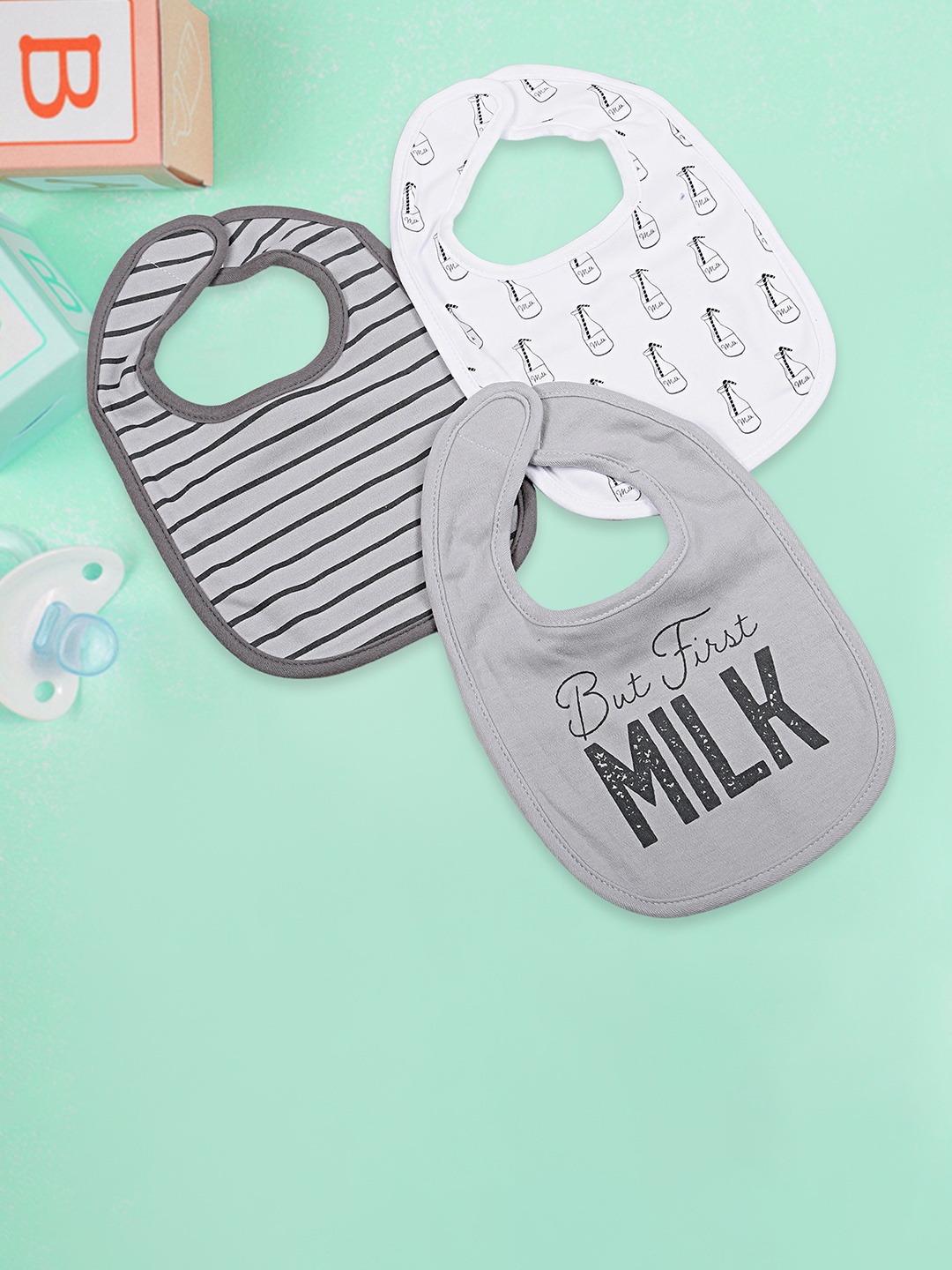 

Baby Moo Infant Kids Pack Of 3 Printed Feeding Bibs, Grey