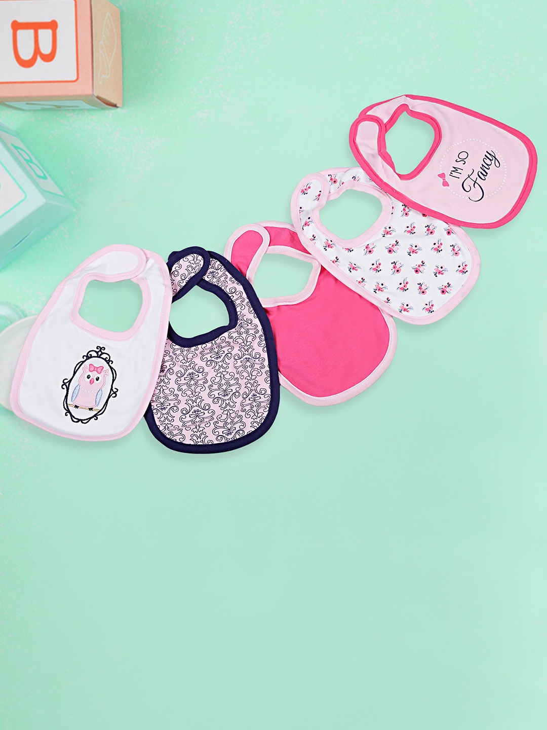 

Baby Moo Infant Kids Pack Of 5 Printed Mess-Free Pure Cotton Bibs, Pink