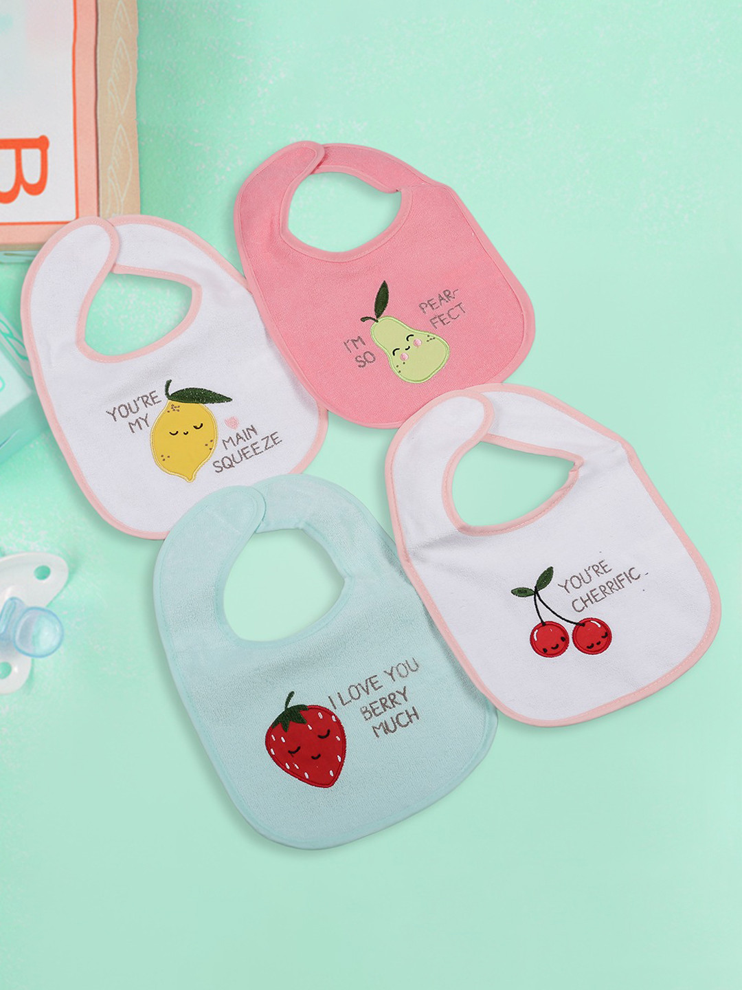 

Baby Moo Infant Kids Pack Of 4 Printed Bibs, Blue