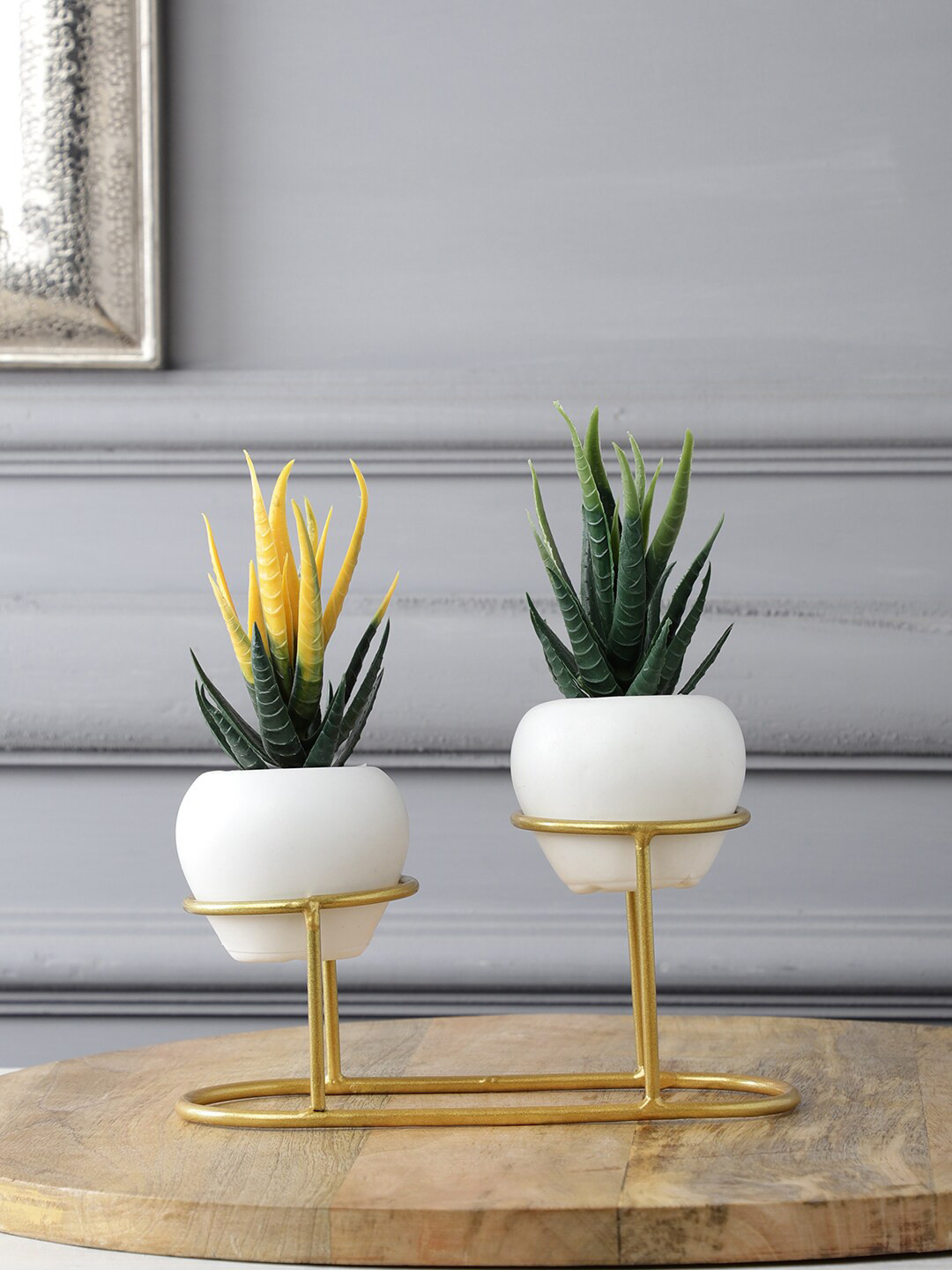 

FOLIYAJ Pack of 2 Artificial Cactus Plants with Metal Holder, Green