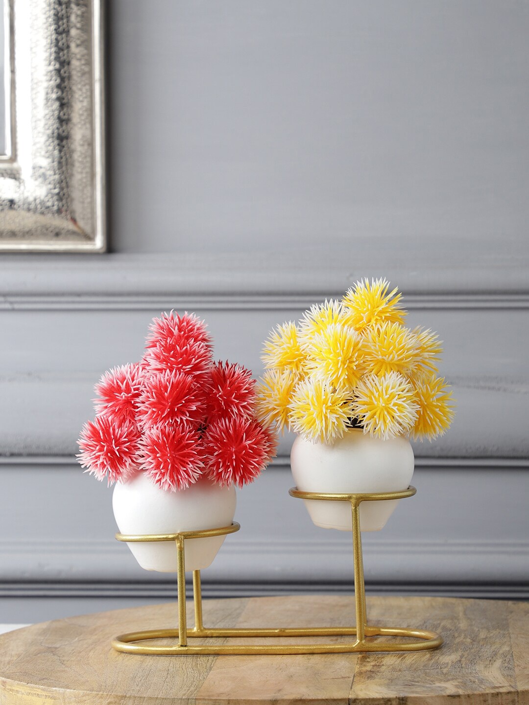 

FOLIYAJ Set of 2 Red & Yellow Artificial Flowers With Metal Holder