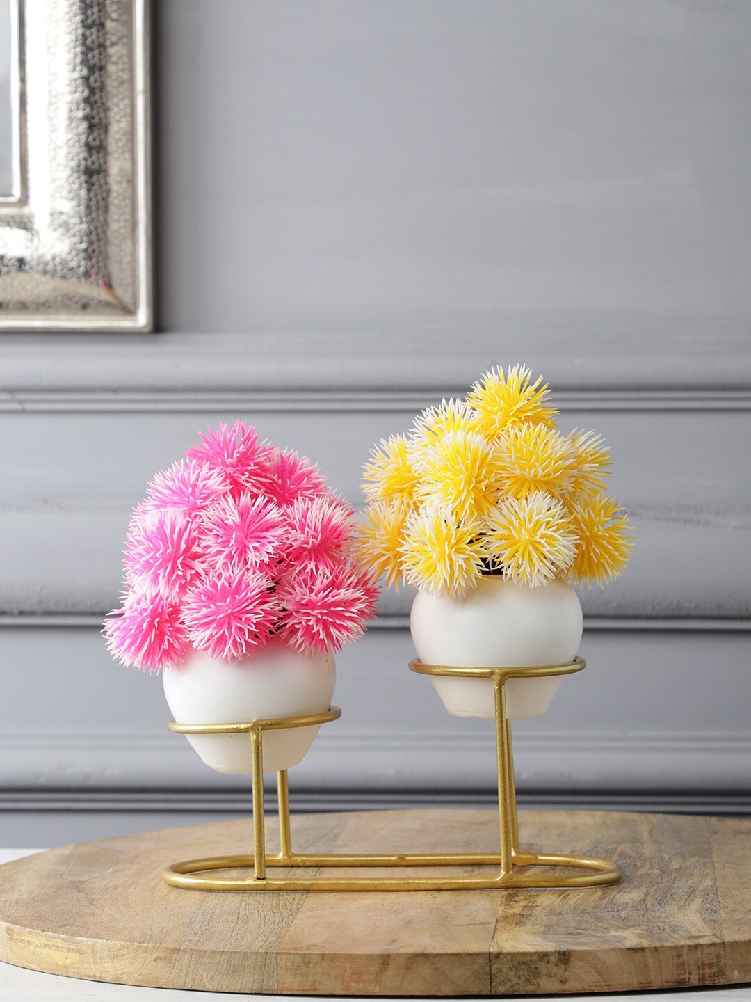 

FOLIYAJ Set Of 2 Pink & Yellow Succulent Artificial Plant With Pot & Metal Holder