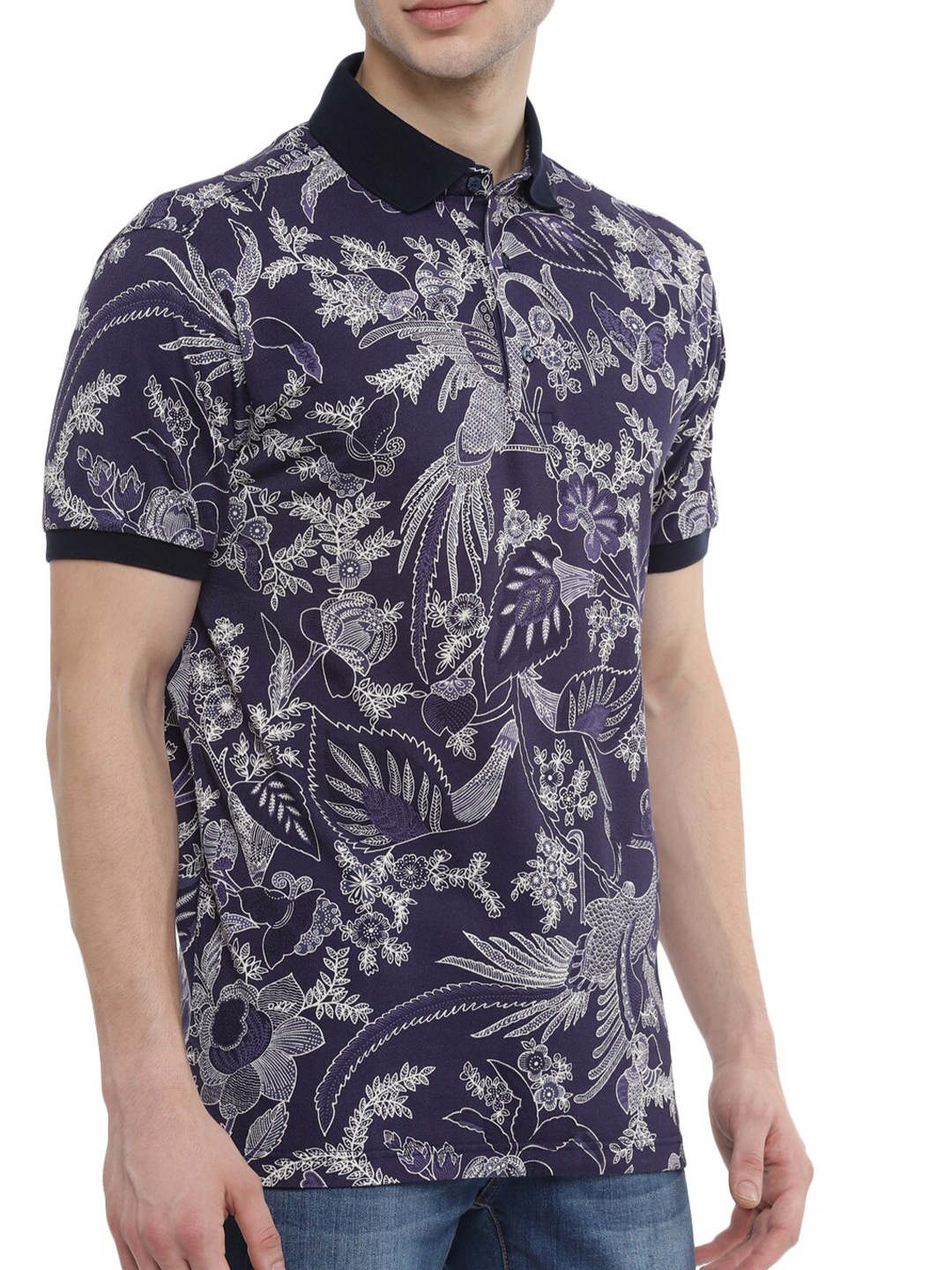 

ETRO Men Navy Blue Floral Printed Polo Collar Tropical T-shirt