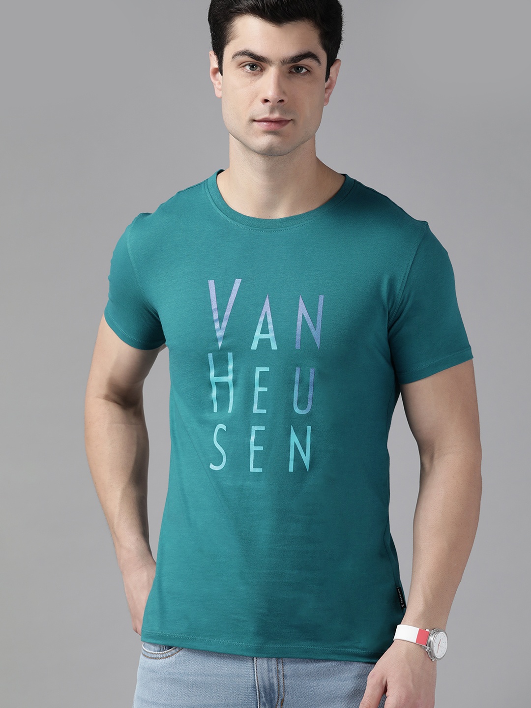 

V Dot Men Teal Green Pure Cotton Brand Logo Printed Slim Fit T-shirt