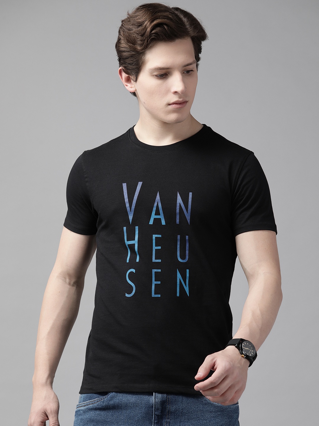 

V Dot Men Black & Blue Brand Logo Printed Pure Cotton T-shirt