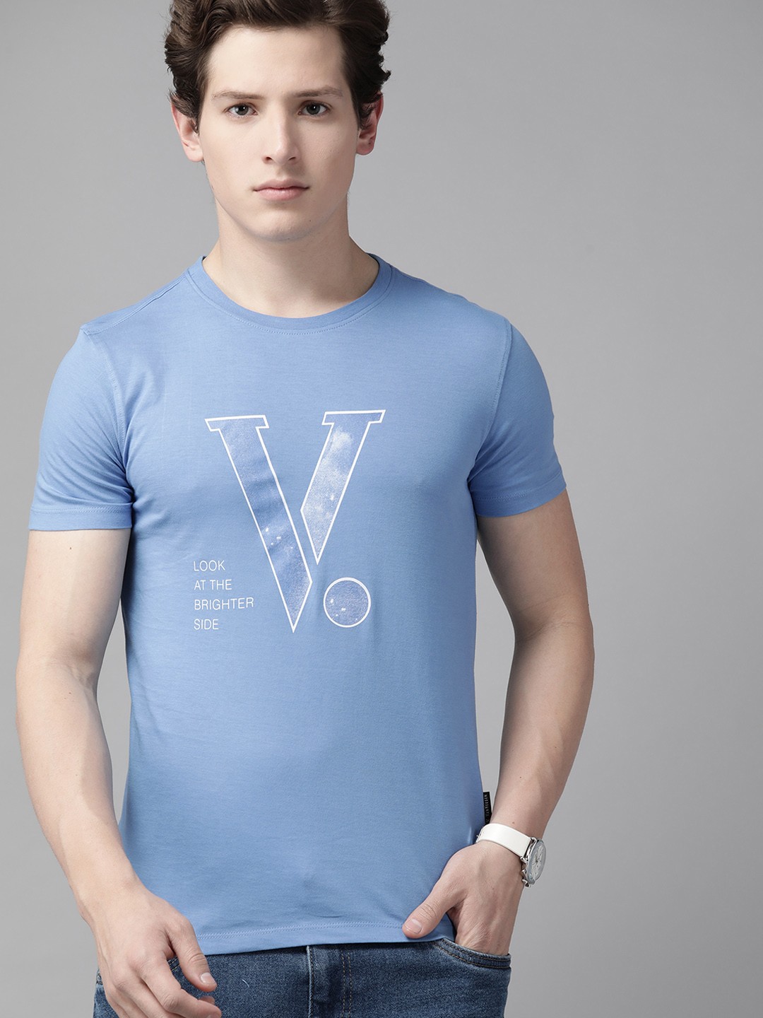 V Dot Men Blue & White Brand Logo Printed Pure Cotton T-shirt