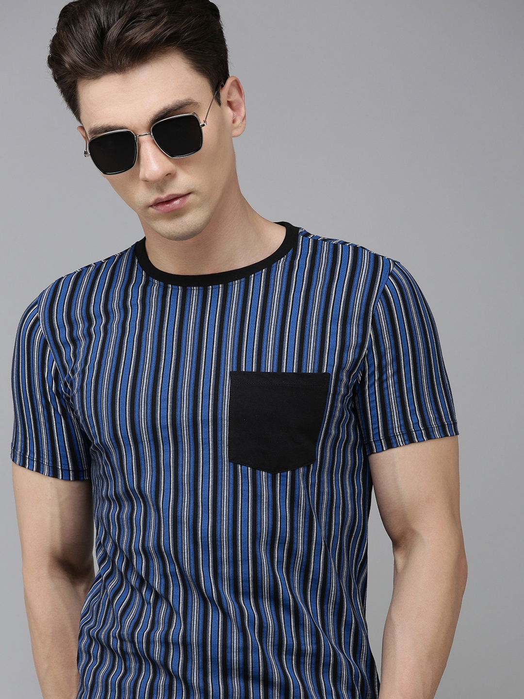 

V Dot Men Pure Cotton Striped T-shirt With Chest Pocket, Blue