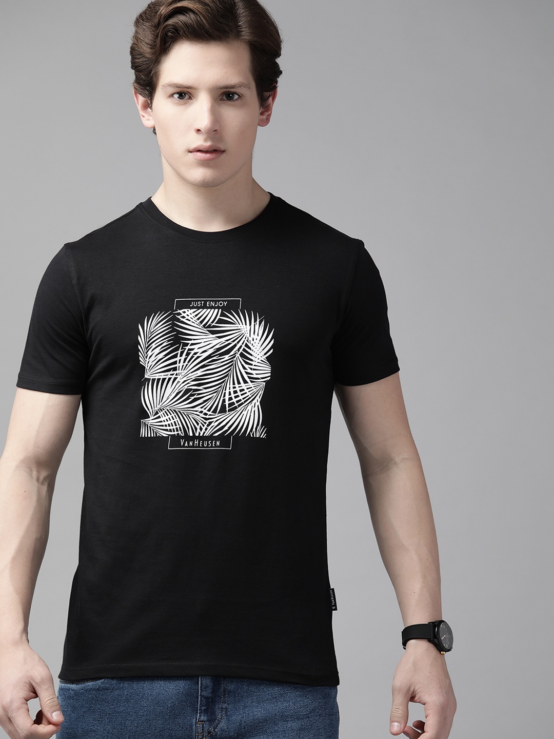 V Dot Men Black & White Brand Logo Printed Pure Cotton T-shirt