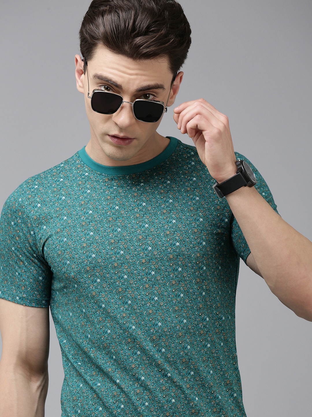 

V Dot Men Pure Cotton Micro Ditsy Floral Printed T-shirt, Teal
