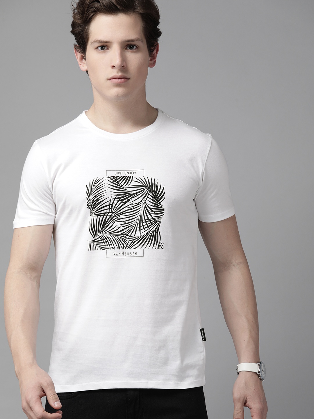 

V Dot Men White & Black Brand Logo Printed Pure Cotton T-shirt