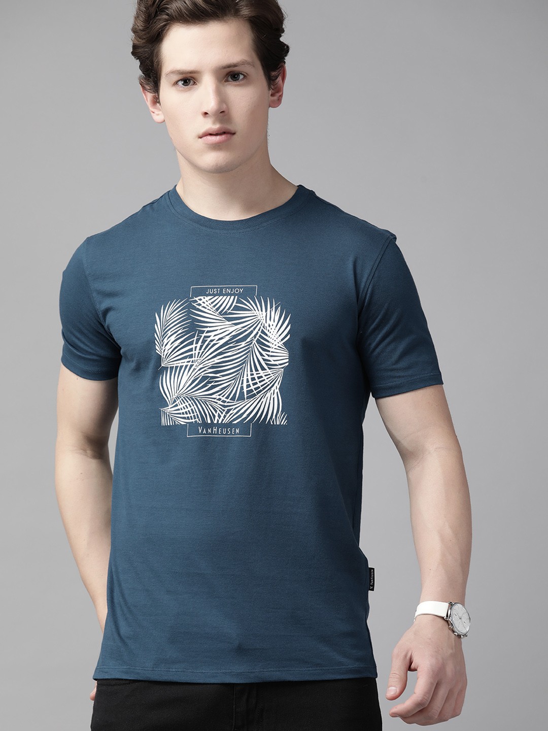 

V Dot Men Teal Blue & White Brand Logo Printed Pure Cotton T-shirt