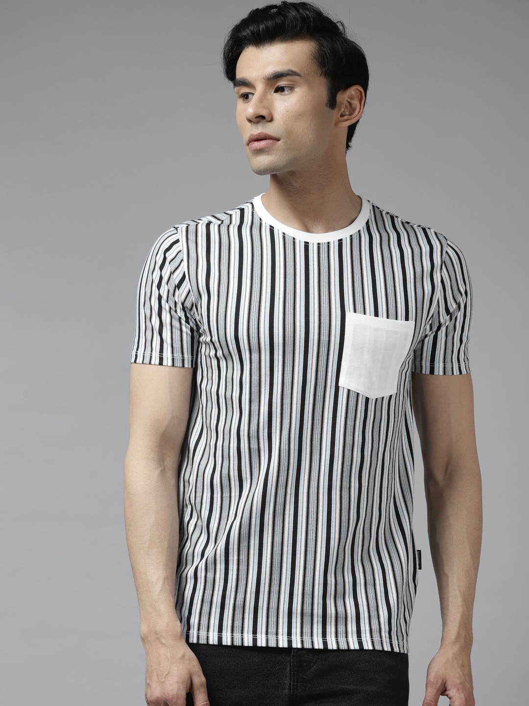 

V Dot Men Navy Blue & White Striped Pure Cotton T-shirt