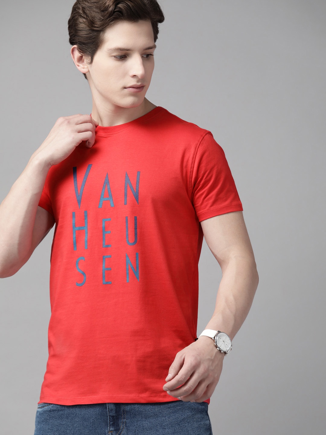 

V Dot Men Red & Navy Blue Brand Logo Printed Pure Cotton T-shirt