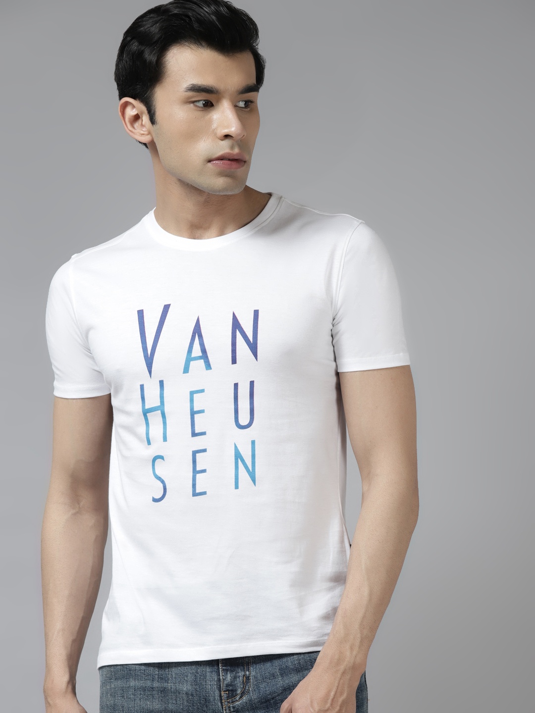 

V Dot Men White & Blue Brand Logo Printed Pure Cotton T-shirt
