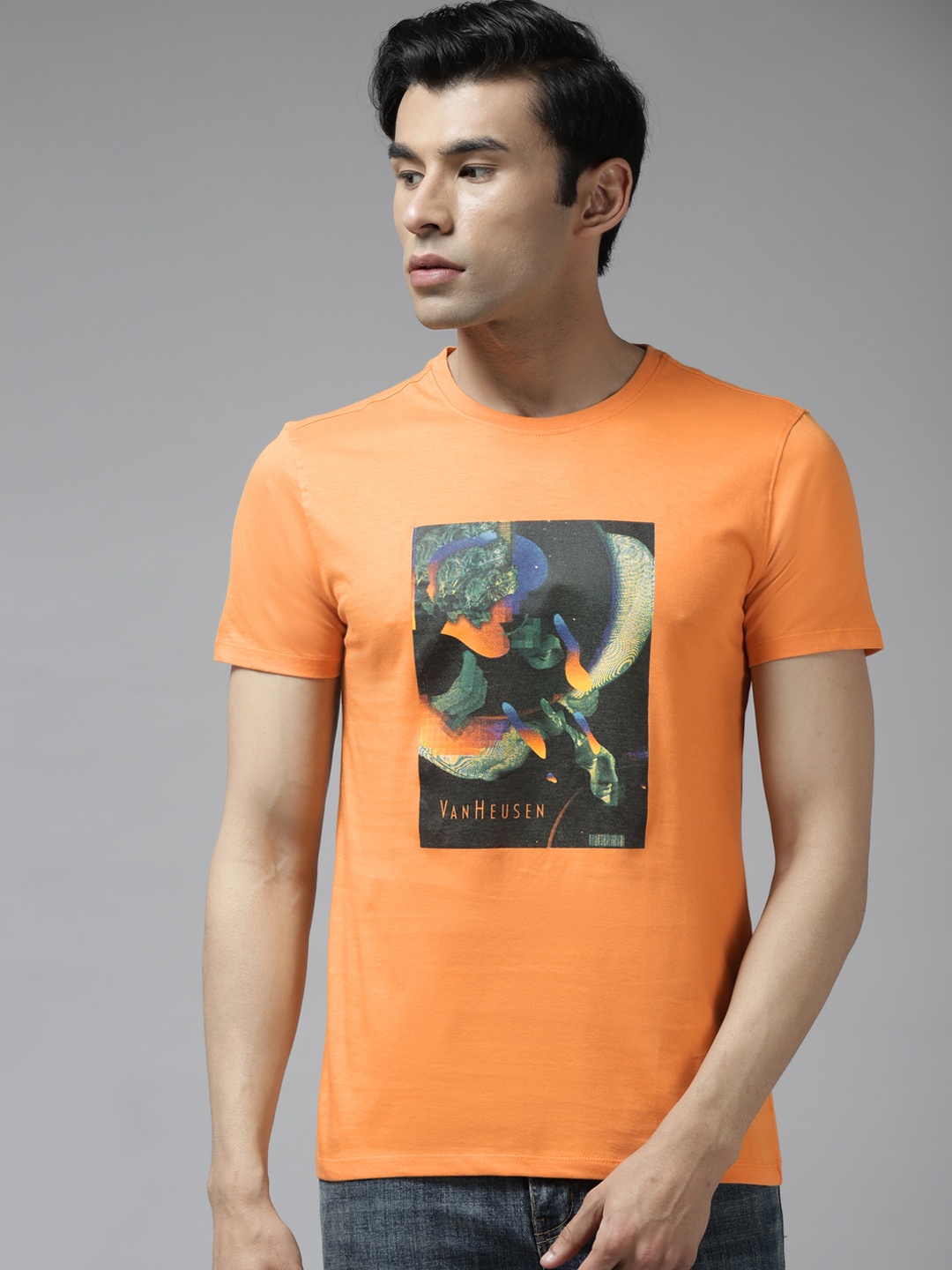 V Dot Men Coral Orange Graphic Printed Pure Cotton T-shirt