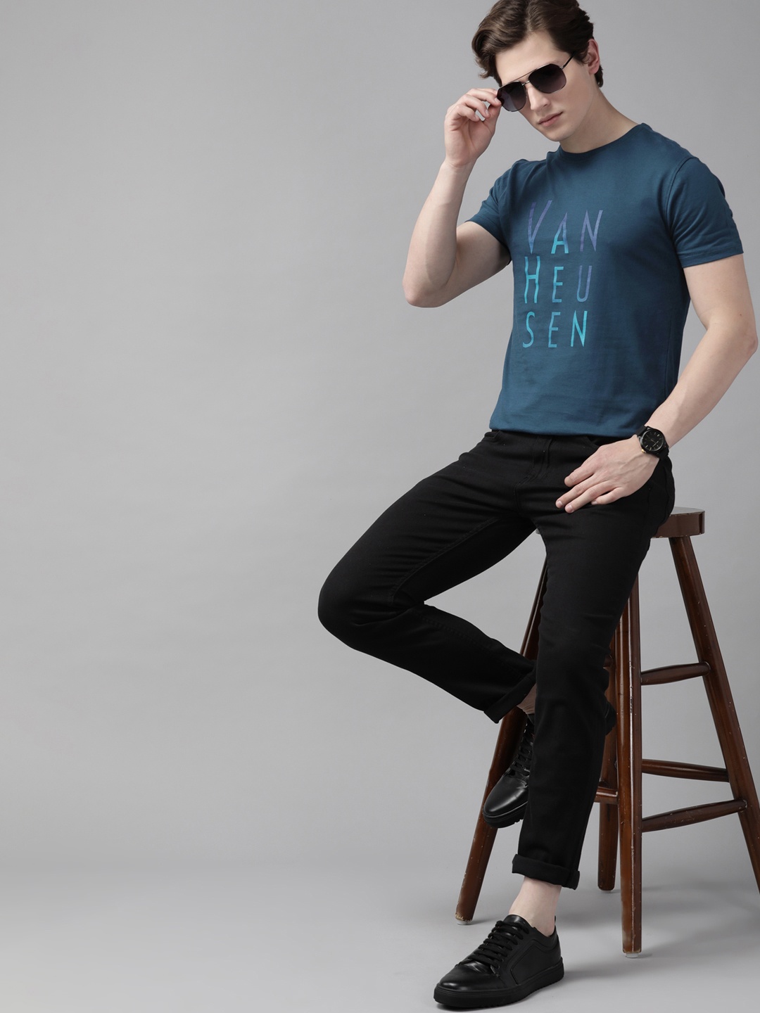 

V Dot Men Teal Blue Brand Logo Printed Pure Cotton T-shirt