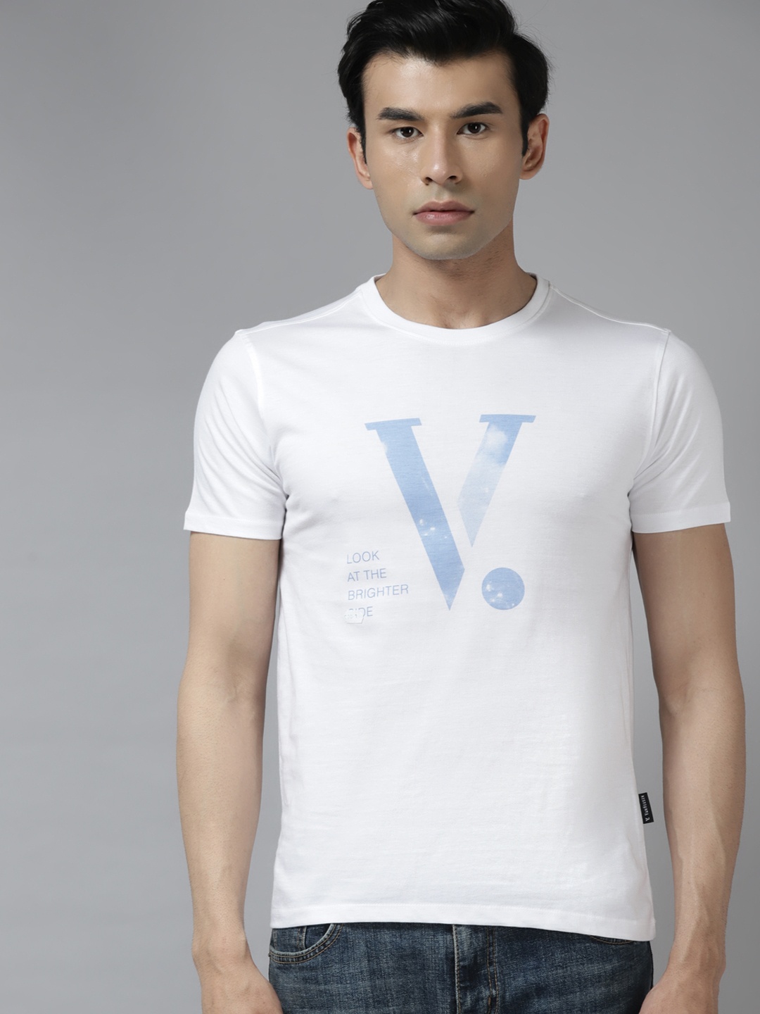 

V Dot Men White & Blue Brand Logo Printed Pure Cotton T-shirt