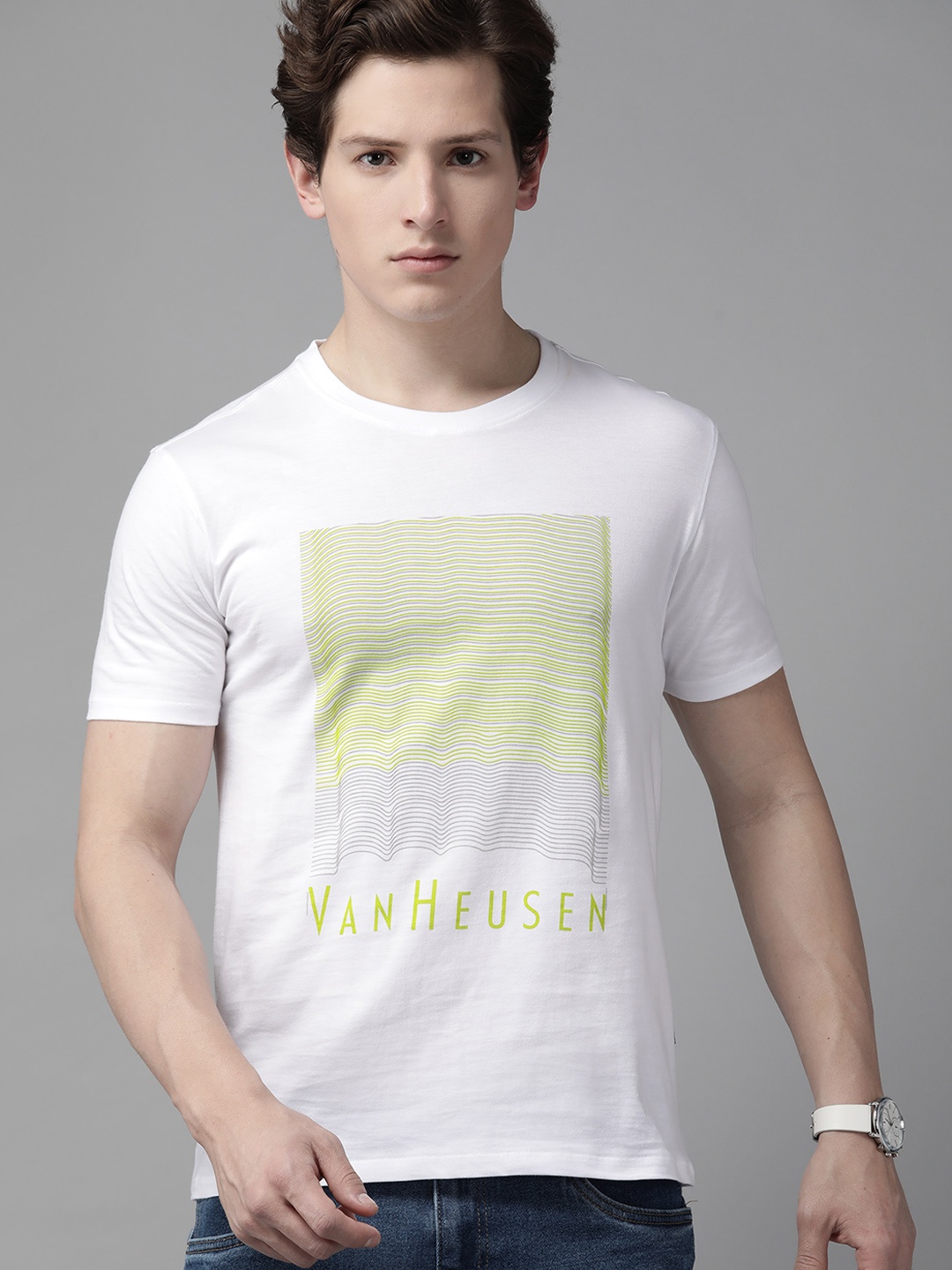 

V Dot Men White & Green Brand Logo Printed Pure Cotton T-shirt
