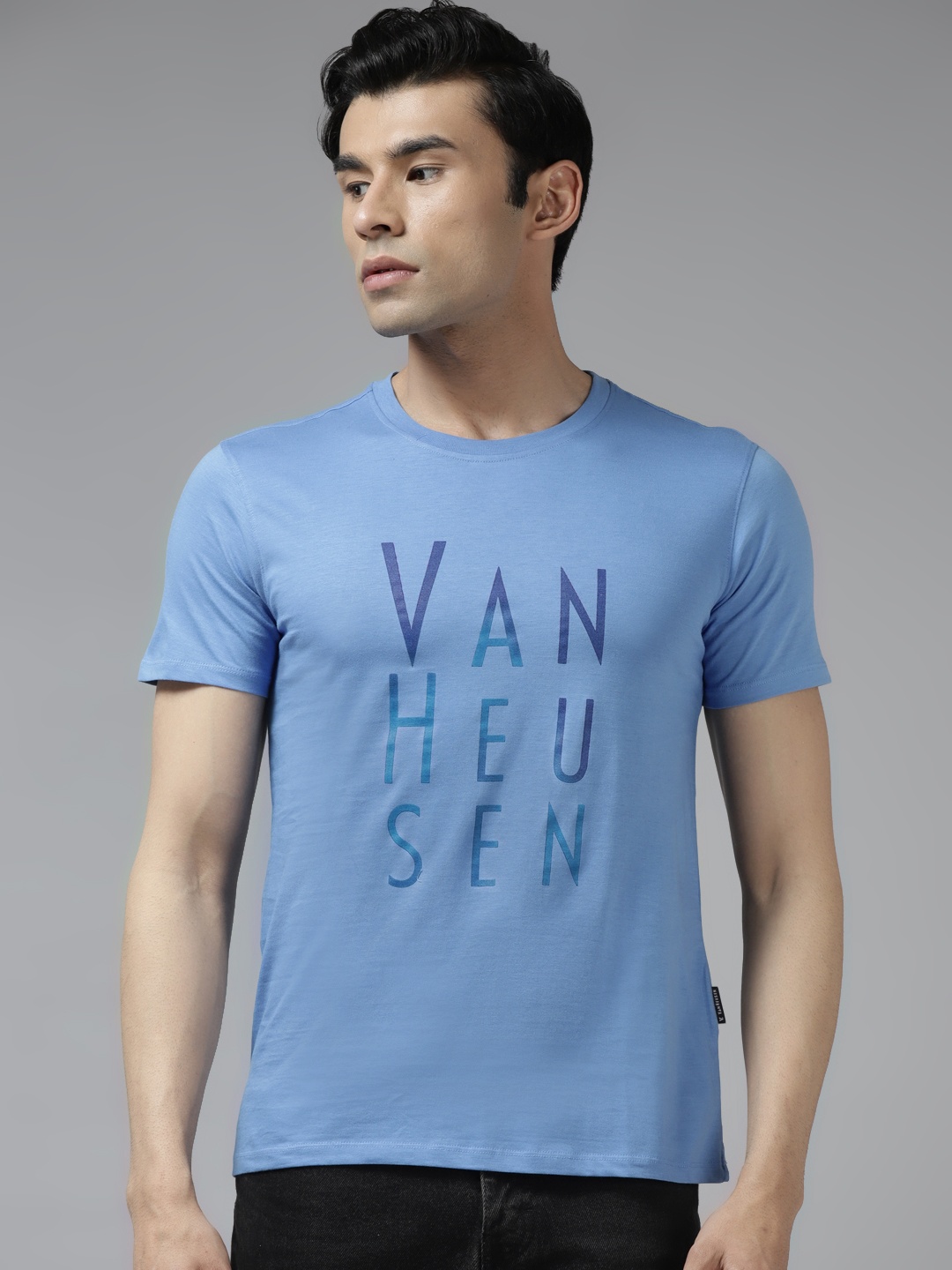

V Dot Men Blue Brand Logo Printed Pure Cotton T-shirt