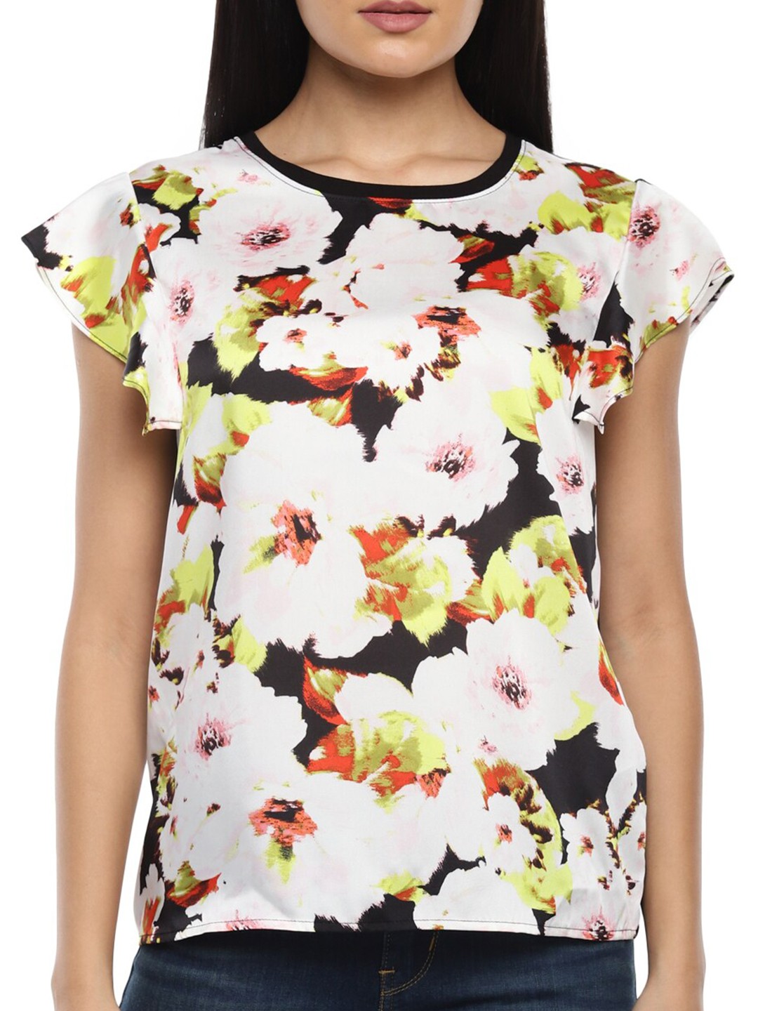 

DKNY Black & White Floral Print Flutter Sleeves Pure Cotton Top
