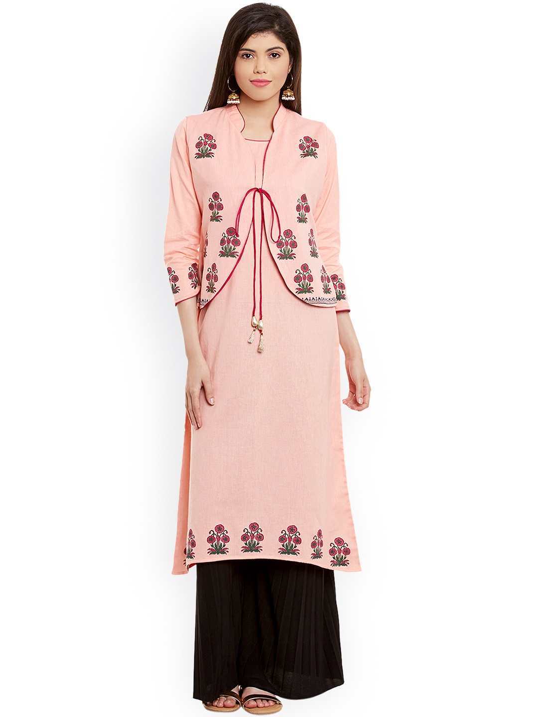 

Bitterlime Women Pink A-Line Block Print Kurta with Jacket