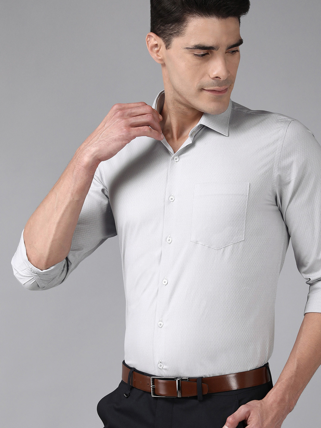 

Van Heusen Men Grey Self-Design Pure Cotton Slim Fit Formal Shirt