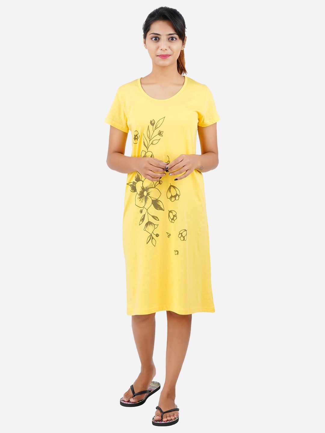 

PRIDE APPAREL Women Yellow Printed Nightdress
