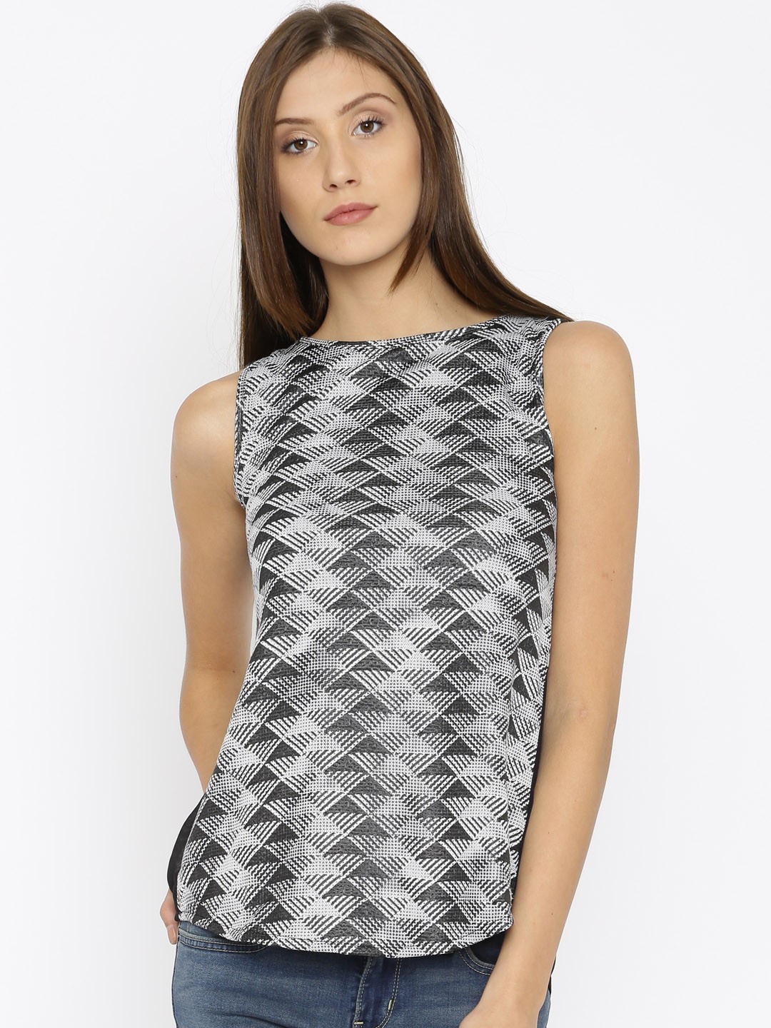 

AND Women Black & White Self-Design Regular Top