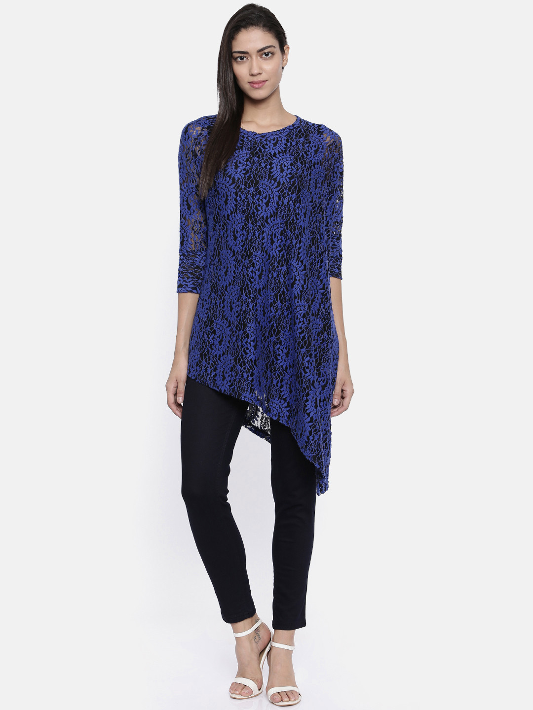 

AND Women Blue Lace Asymmetric Longline Top