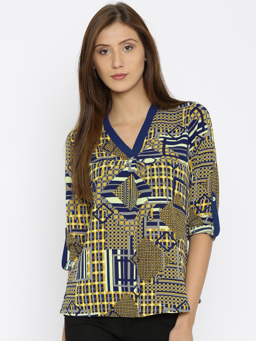 

AND Women Yellow & Blue Printed Regular Top