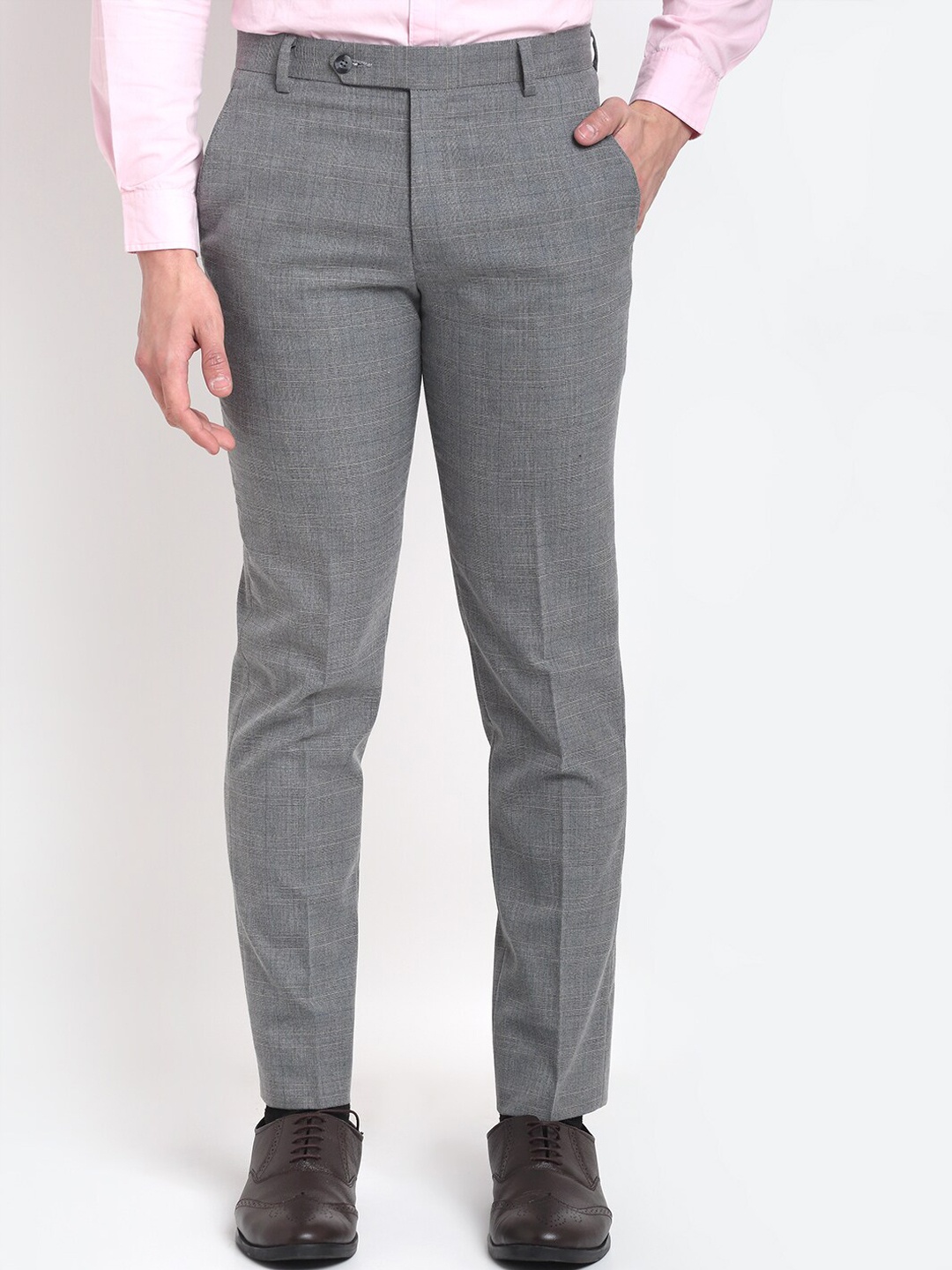 

Ennoble Men Grey & Blue Checked Smart Tapered Fit Easy Wash Formal Trousers