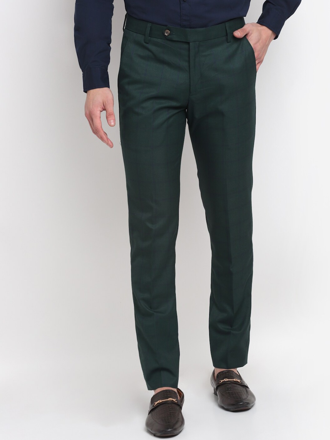 

Ennoble Men Green Checked Smart Tapered Fit Easy Wash Trousers