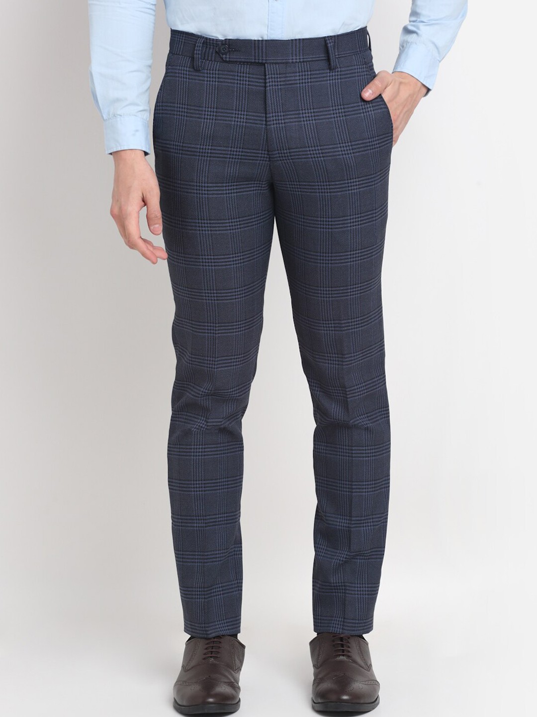 

Ennoble Men Blue Checked Smart Slim Fit Easy Wash Trousers