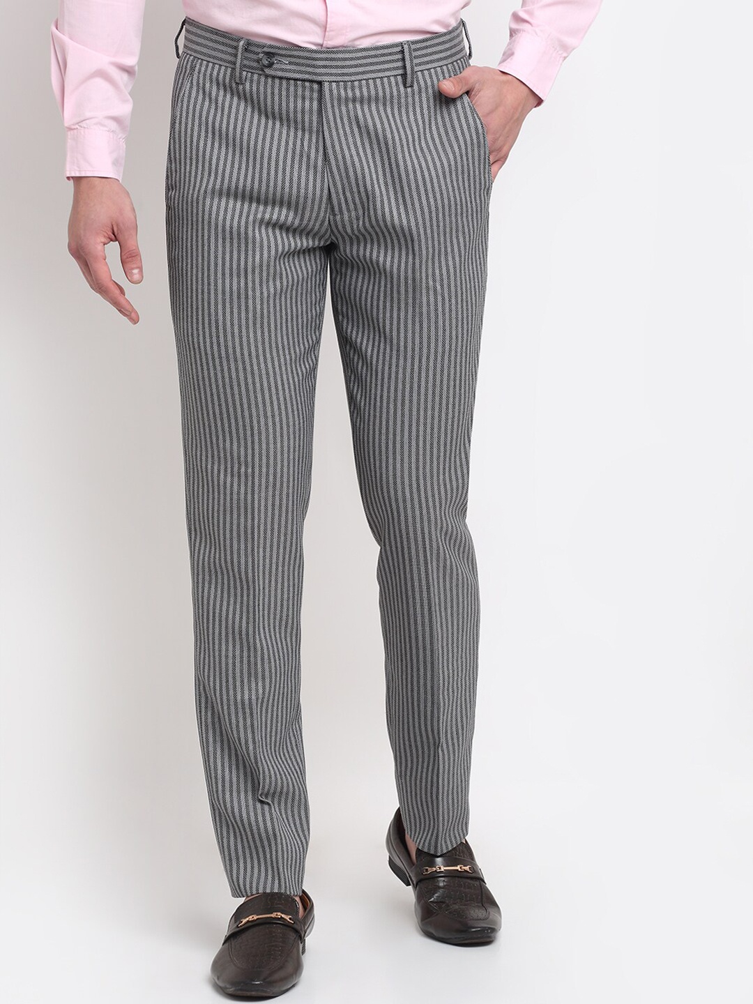

Ennoble Men Grey & Black Striped Smart Tapered Fit Easy Wash Trousers